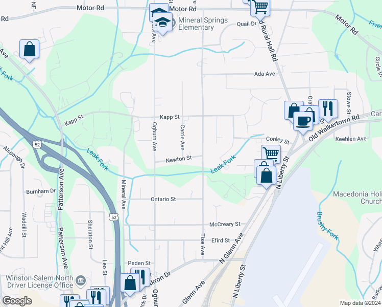 map of restaurants, bars, coffee shops, grocery stores, and more near 715 Newton Street in Winston-Salem
