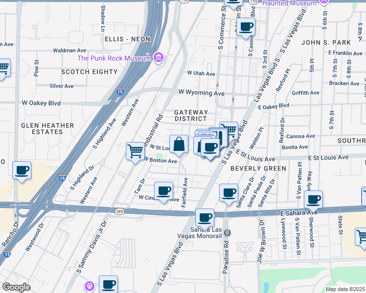 map of restaurants, bars, coffee shops, grocery stores, and more near 1922 Fairfield Avenue in Las Vegas