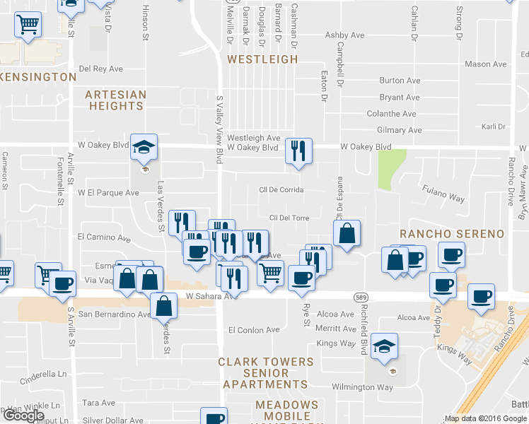 map of restaurants, bars, coffee shops, grocery stores, and more near 3416 Calle Del Torre in Las Vegas
