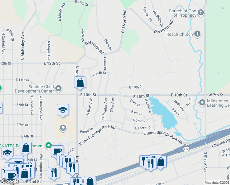 map of restaurants, bars, coffee shops, grocery stores, and more near 1009 East 10th Street in Sand Springs