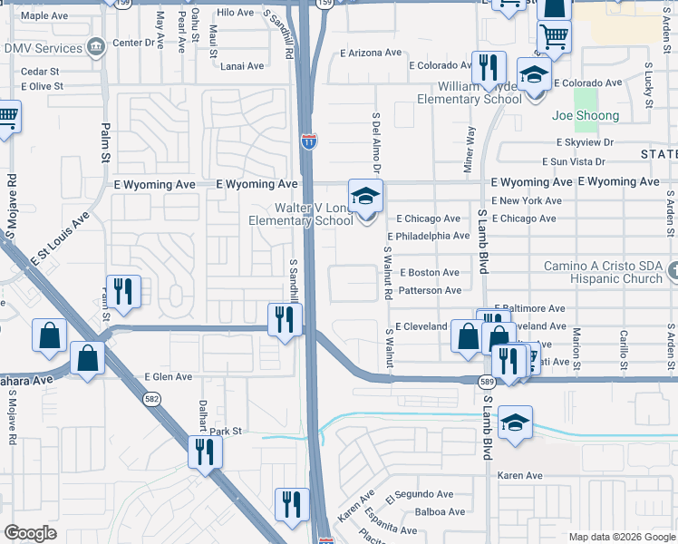 map of restaurants, bars, coffee shops, grocery stores, and more near 2135 Saint Paul Way in Las Vegas