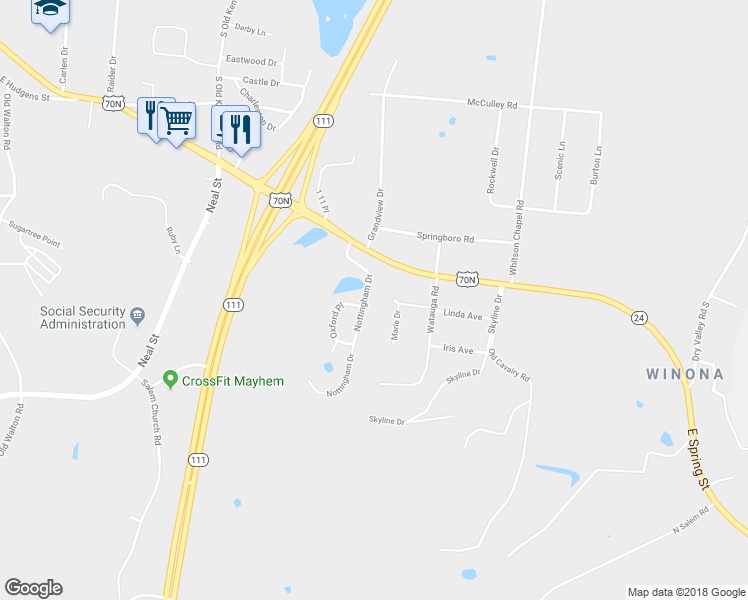 map of restaurants, bars, coffee shops, grocery stores, and more near 914 Nottingham Drive in Cookeville