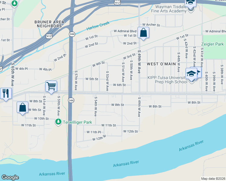 map of restaurants, bars, coffee shops, grocery stores, and more near 5133 West 7th Street in Tulsa