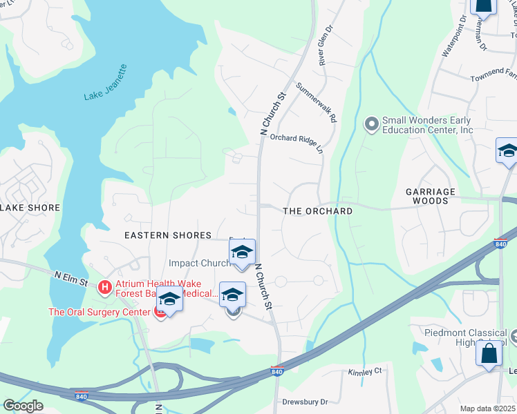 map of restaurants, bars, coffee shops, grocery stores, and more near N Church St & Peach Orchard Dr in Greensboro