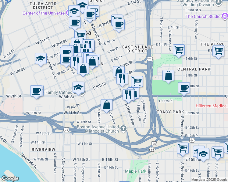 map of restaurants, bars, coffee shops, grocery stores, and more near 901 South Cincinnati Avenue in Tulsa