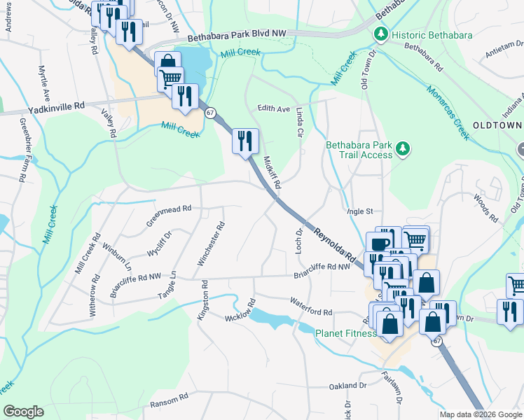 map of restaurants, bars, coffee shops, grocery stores, and more near 3030 Walnut Avenue in Winston-Salem