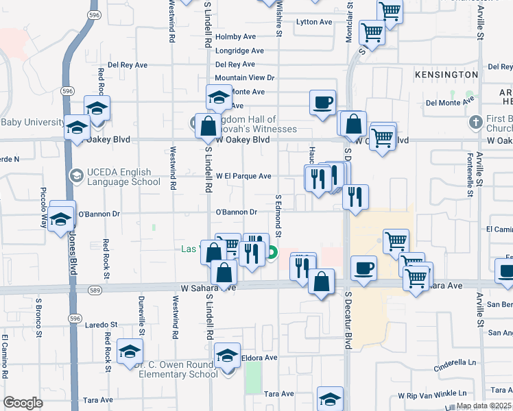 map of restaurants, bars, coffee shops, grocery stores, and more near 5290 O'Bannon Drive in Las Vegas