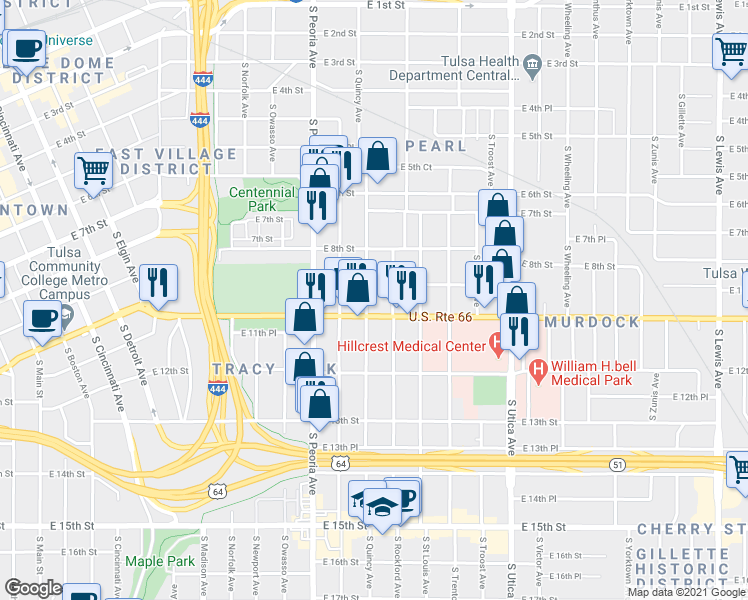 map of restaurants, bars, coffee shops, grocery stores, and more near 1015 South Quincy Avenue in Tulsa