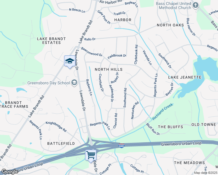 map of restaurants, bars, coffee shops, grocery stores, and more near 5307 Amberhill Drive in Greensboro