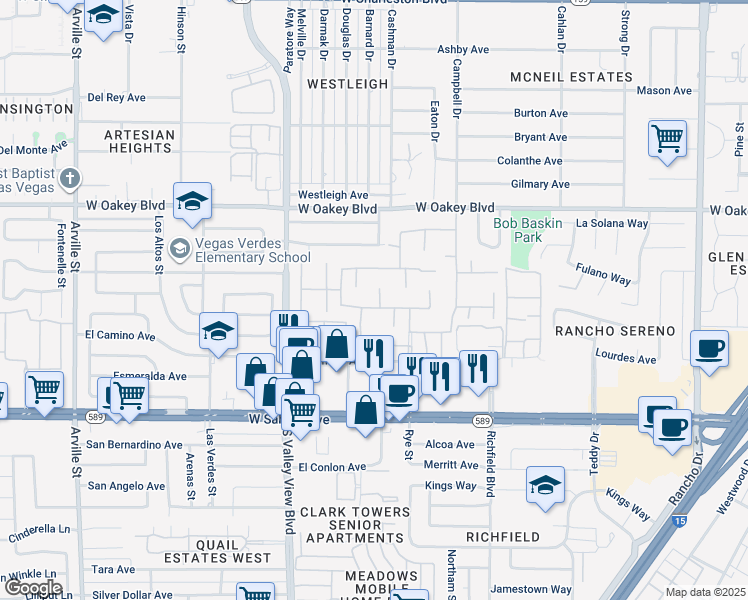 map of restaurants, bars, coffee shops, grocery stores, and more near 2116 Plaza Del Fuentes in Las Vegas