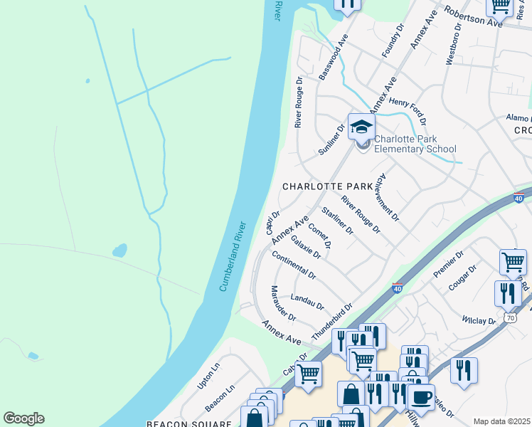 map of restaurants, bars, coffee shops, grocery stores, and more near 437 Capri Drive in Nashville