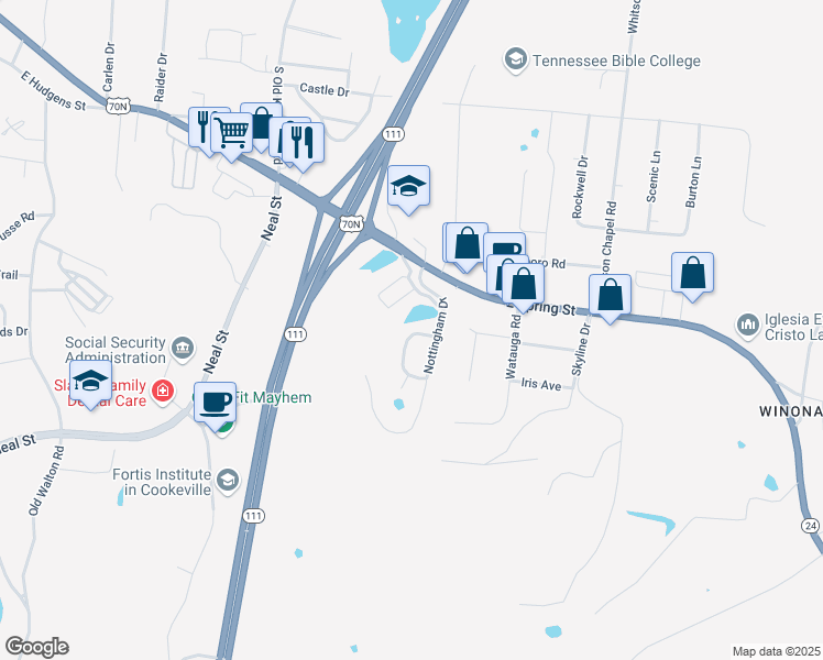 map of restaurants, bars, coffee shops, grocery stores, and more near 1459 Oxford Place in Cookeville
