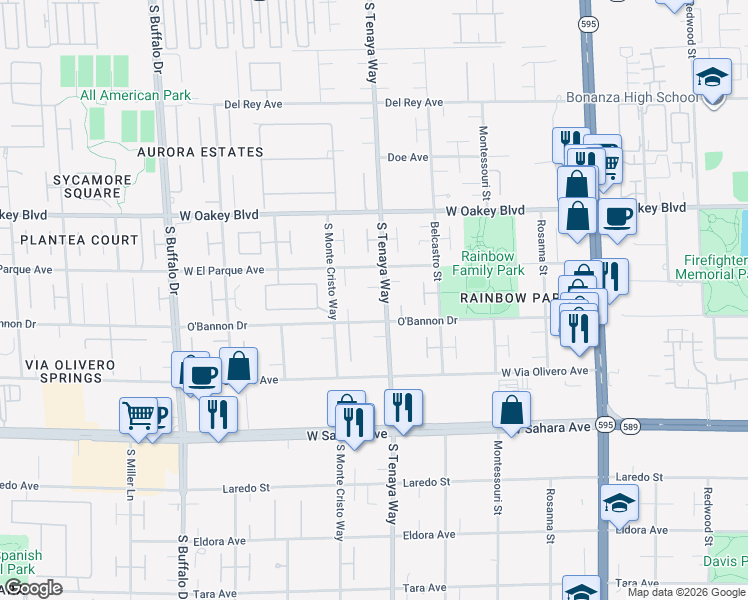 map of restaurants, bars, coffee shops, grocery stores, and more near 2105 South Tenaya Way in Las Vegas