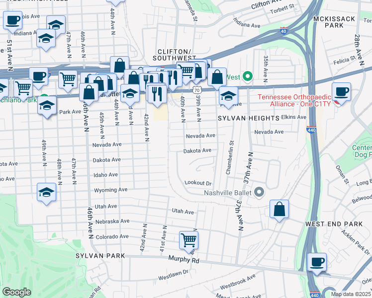 map of restaurants, bars, coffee shops, grocery stores, and more near 232 40th Ave N in Nashville