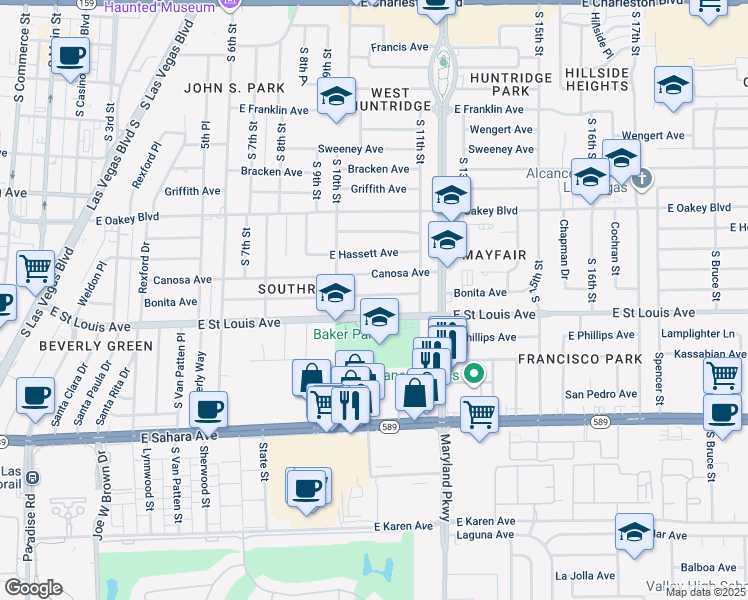 map of restaurants, bars, coffee shops, grocery stores, and more near 1036 Bonita Avenue in Las Vegas