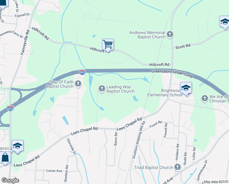 map of restaurants, bars, coffee shops, grocery stores, and more near 5100 Minnow Road in Greensboro