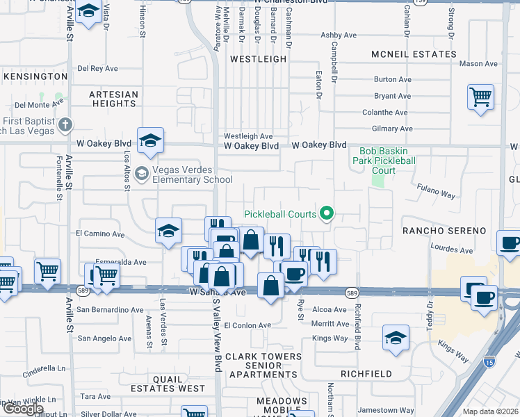 map of restaurants, bars, coffee shops, grocery stores, and more near 3416 Calle Del Torre in Las Vegas