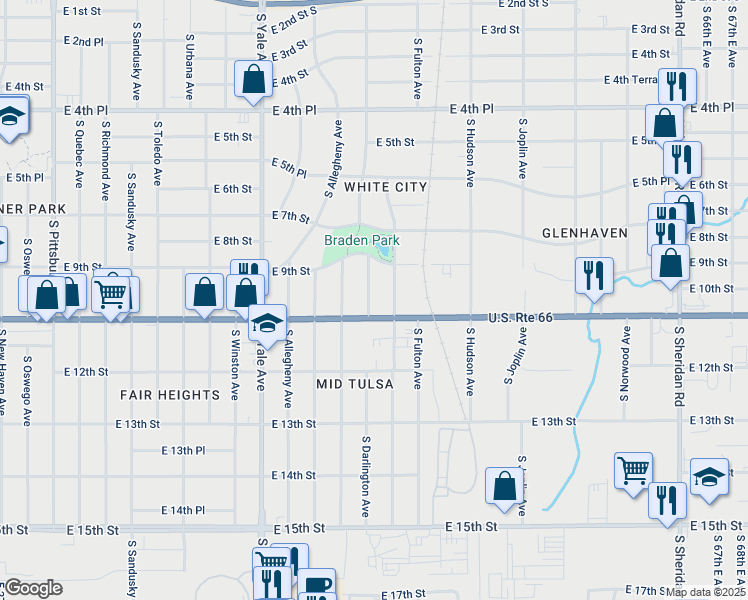 map of restaurants, bars, coffee shops, grocery stores, and more near 941 South Darlington Avenue in Tulsa