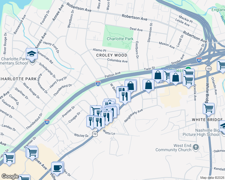 map of restaurants, bars, coffee shops, grocery stores, and more near 427 West Bend Drive in Nashville