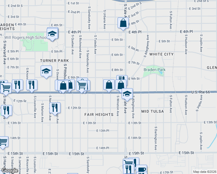 map of restaurants, bars, coffee shops, grocery stores, and more near 934 South Vandalia Avenue in Tulsa