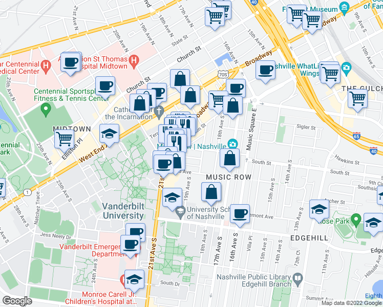 map of restaurants, bars, coffee shops, grocery stores, and more near 900 20th Avenue South in Nashville