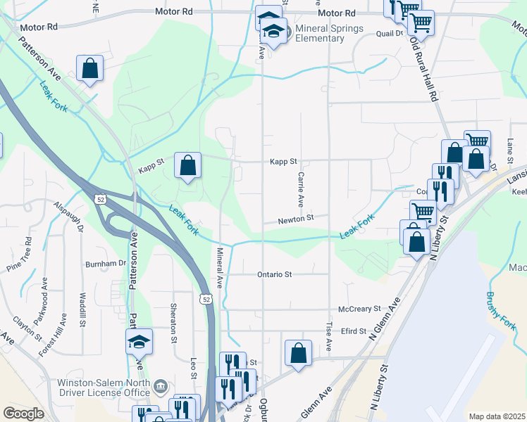 map of restaurants, bars, coffee shops, grocery stores, and more near 4320 Ogburn Avenue in Winston-Salem