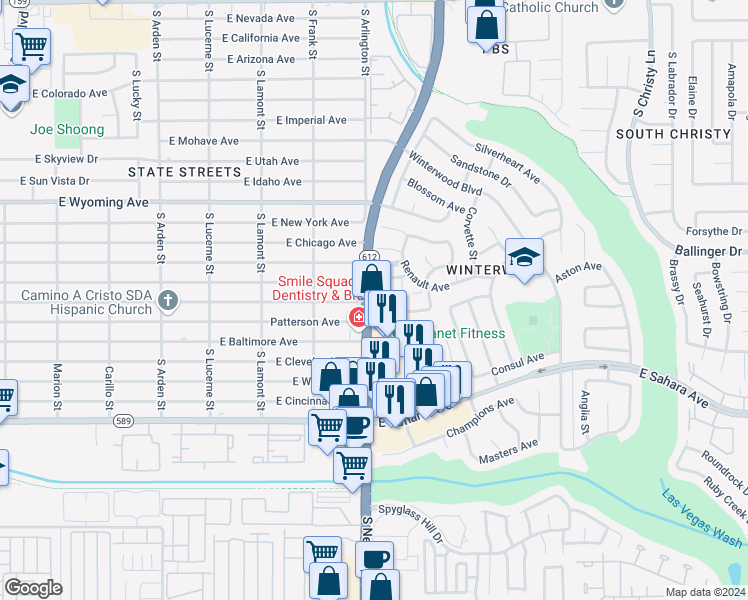 map of restaurants, bars, coffee shops, grocery stores, and more near 5060 Village Drive in Las Vegas
