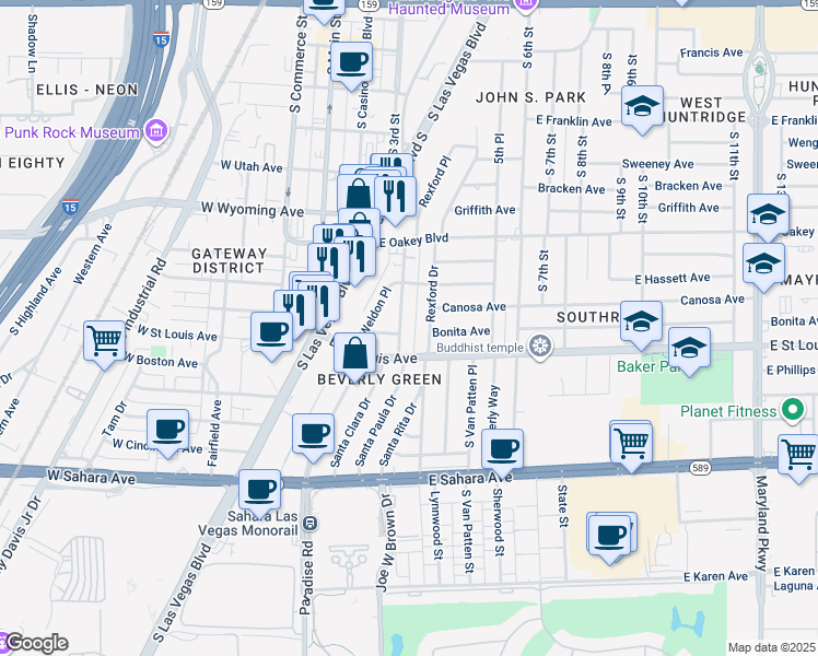 map of restaurants, bars, coffee shops, grocery stores, and more near 1909 Santa Paula Drive in Las Vegas