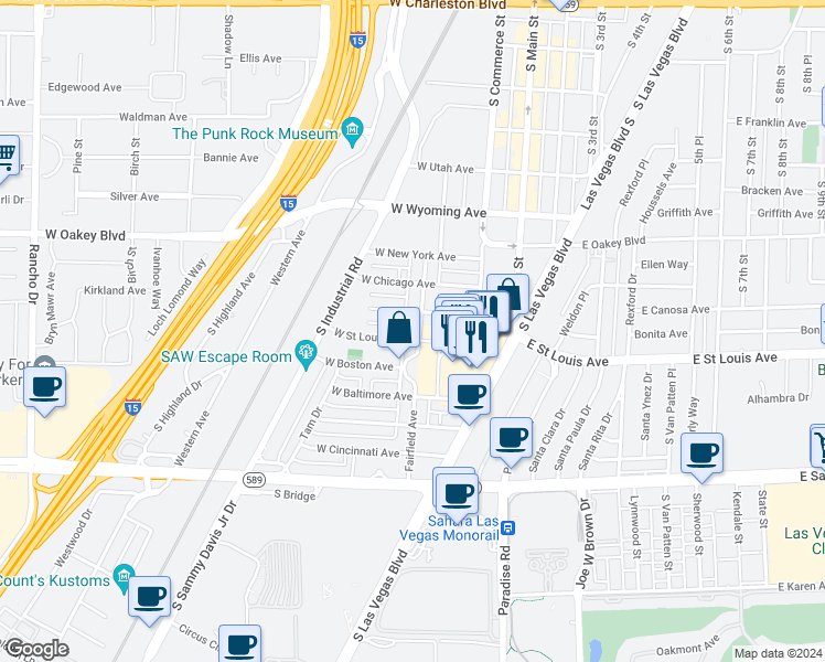 map of restaurants, bars, coffee shops, grocery stores, and more near 1909 Fairfield Avenue in Las Vegas