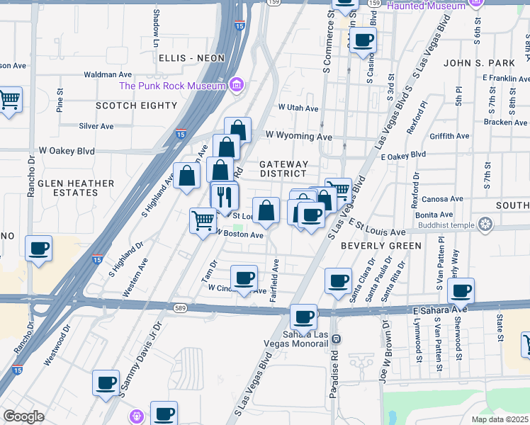 map of restaurants, bars, coffee shops, grocery stores, and more near 230 West Saint Louis Avenue in Las Vegas
