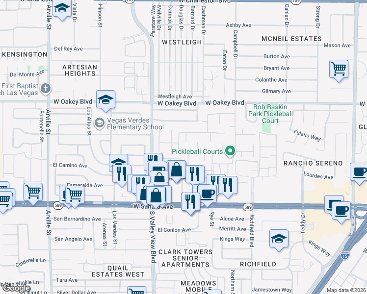 map of restaurants, bars, coffee shops, grocery stores, and more near 3416 Calle Del Torre in Las Vegas