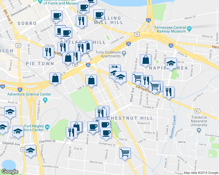 map of restaurants, bars, coffee shops, grocery stores, and more near 1044 2nd Avenue South in Nashville