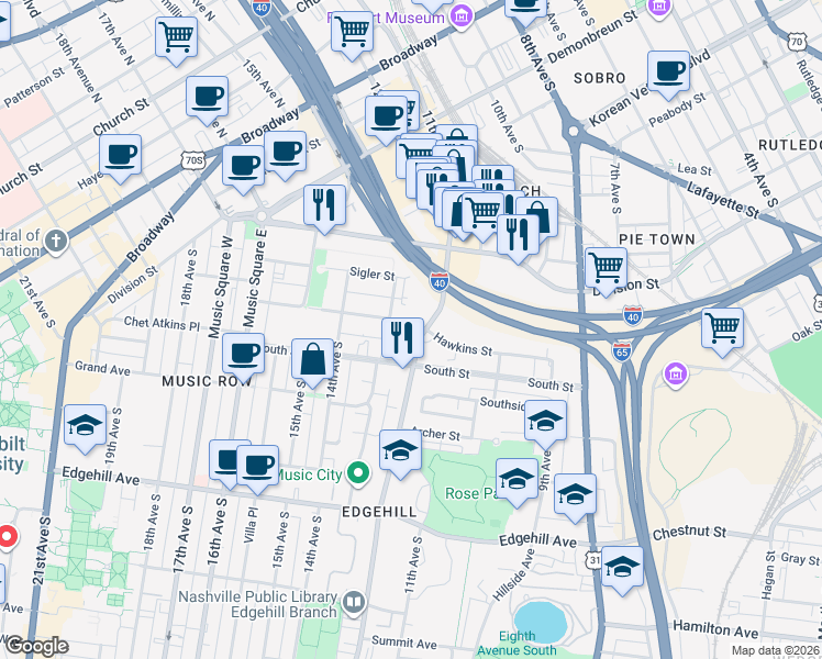 map of restaurants, bars, coffee shops, grocery stores, and more near 1201 Hawkins Street in Nashville