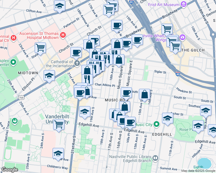 map of restaurants, bars, coffee shops, grocery stores, and more near 820 18th Avenue South in Nashville