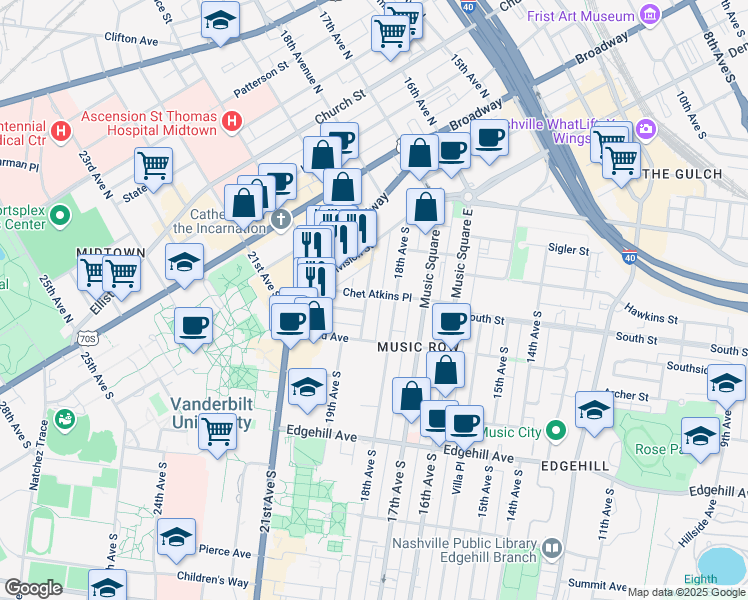 map of restaurants, bars, coffee shops, grocery stores, and more near 901 19th Avenue South in Nashville