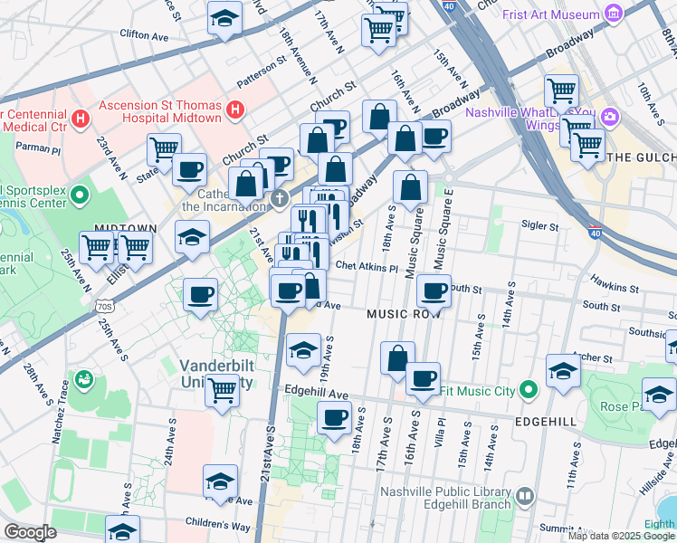 map of restaurants, bars, coffee shops, grocery stores, and more near 900 20th Avenue South in Nashville