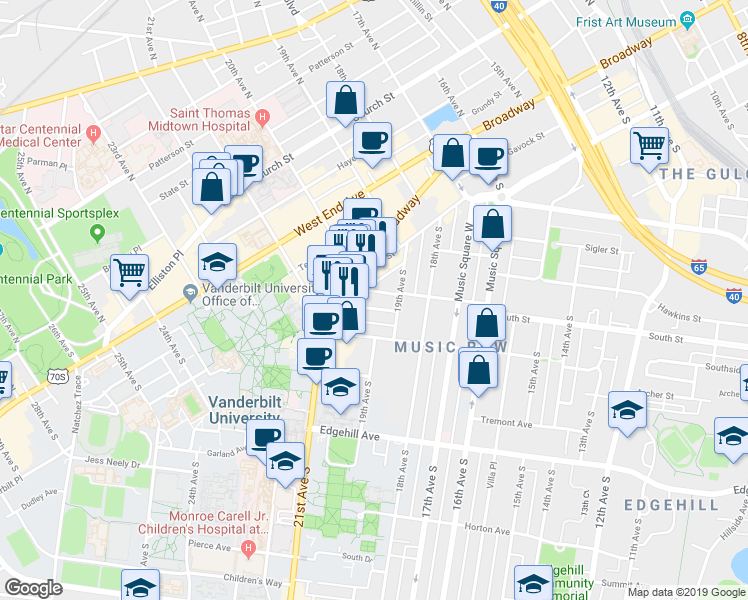 map of restaurants, bars, coffee shops, grocery stores, and more near 900 20th Avenue South in Nashville