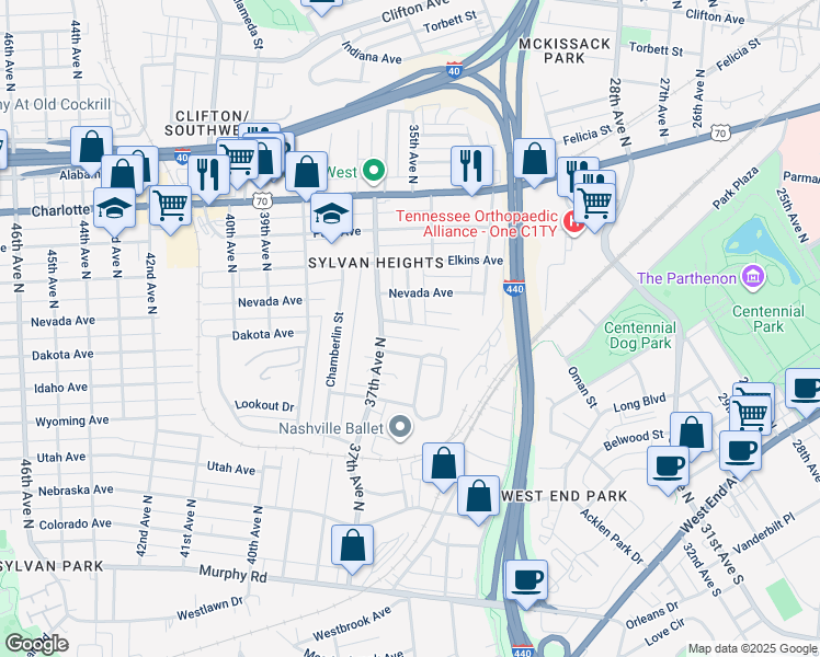 map of restaurants, bars, coffee shops, grocery stores, and more near 3607 Dakota Avenue in Nashville