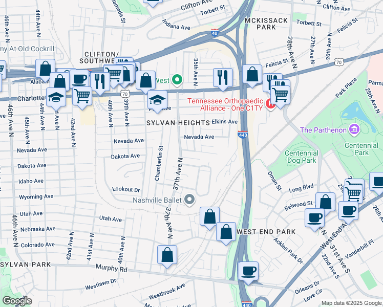 map of restaurants, bars, coffee shops, grocery stores, and more near 3607 Dakota Avenue in Nashville