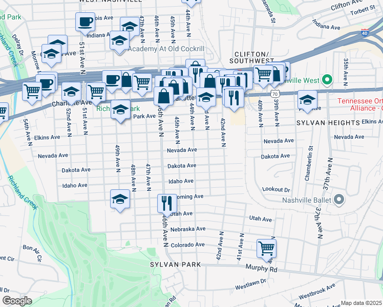 map of restaurants, bars, coffee shops, grocery stores, and more near 4401 Nevada Avenue in Nashville