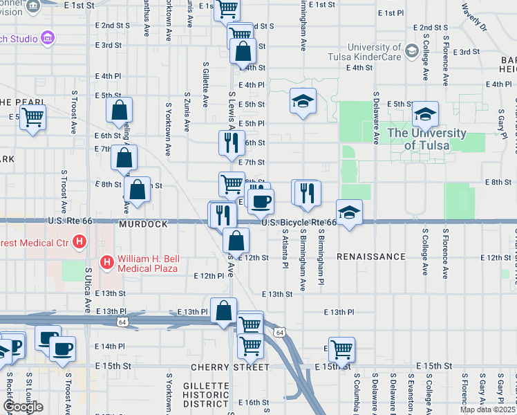 map of restaurants, bars, coffee shops, grocery stores, and more near 2436 East 10th Street in Tulsa