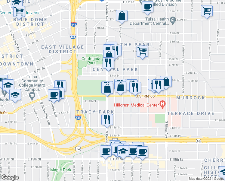 map of restaurants, bars, coffee shops, grocery stores, and more near 1010 South Quaker Avenue in Tulsa