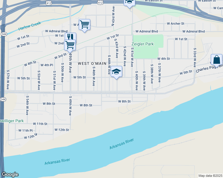 map of restaurants, bars, coffee shops, grocery stores, and more near 4401 West 7th Street in Tulsa