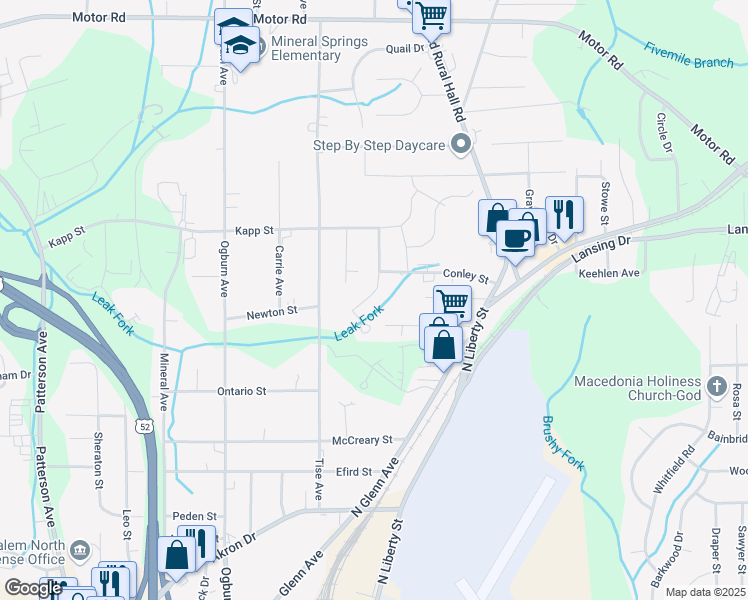 map of restaurants, bars, coffee shops, grocery stores, and more near 4341 Grove Avenue in Winston-Salem