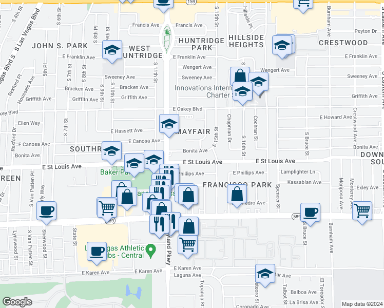map of restaurants, bars, coffee shops, grocery stores, and more near 1312 Bonita Avenue in Las Vegas
