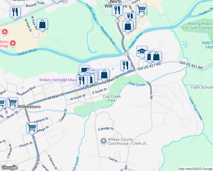 map of restaurants, bars, coffee shops, grocery stores, and more near 301 West Main Street in North Wilkesboro