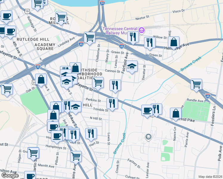 map of restaurants, bars, coffee shops, grocery stores, and more near 25 Lewis Street in Nashville