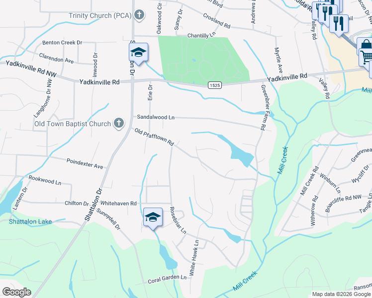map of restaurants, bars, coffee shops, grocery stores, and more near 3715 Old Pfafftown Road in Winston-Salem