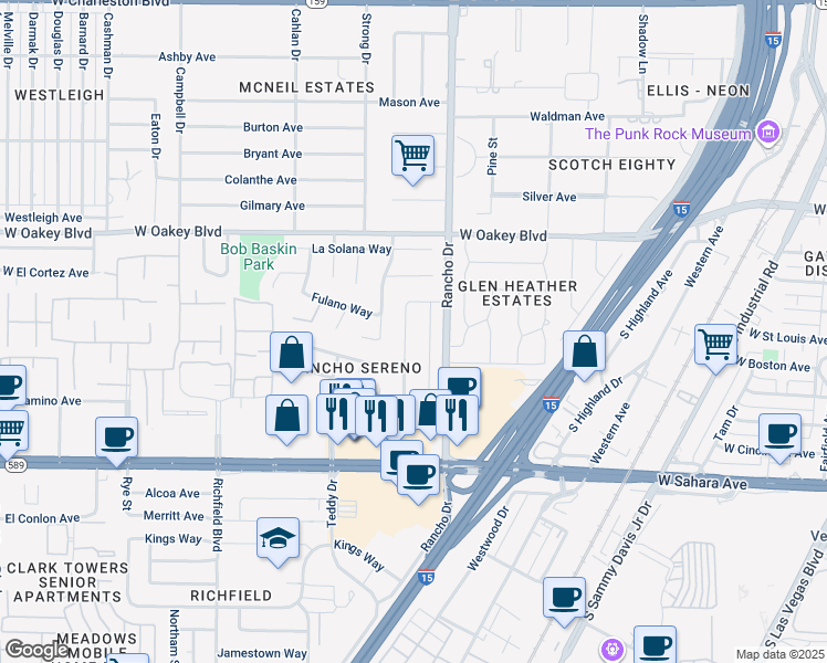 map of restaurants, bars, coffee shops, grocery stores, and more near 2005 De Osma Street in Las Vegas