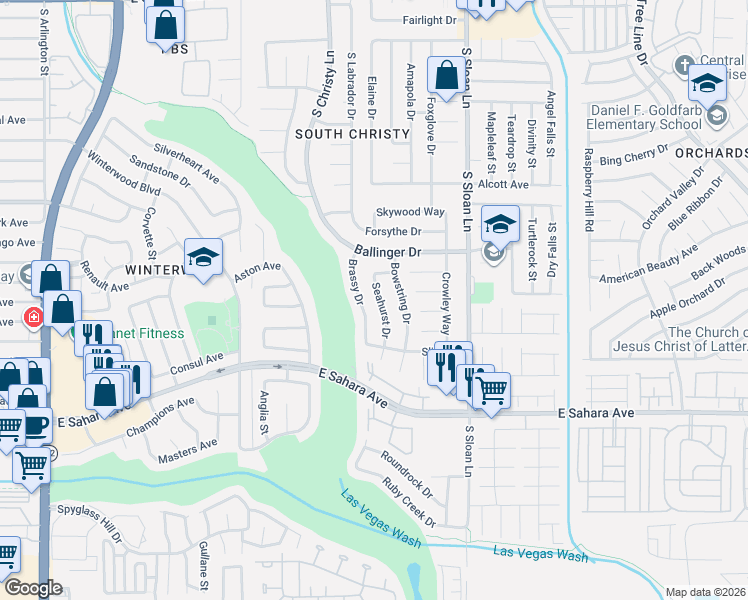 map of restaurants, bars, coffee shops, grocery stores, and more near 2123 Seahurst Drive in Las Vegas